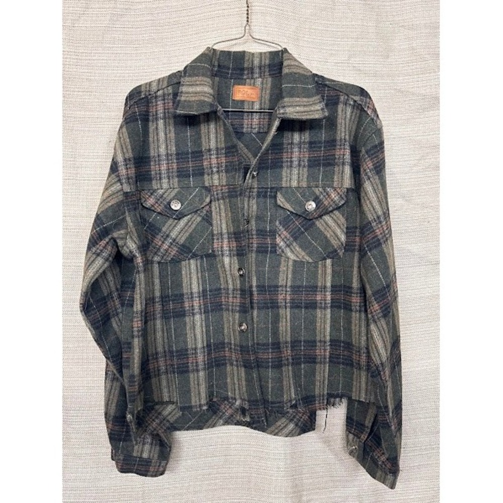 POL Womens Plaid Flannel Shacket Green Orange Raw Hem Cropped JFT399A Size M
